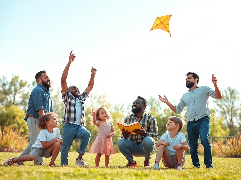 A bright and inviting scene featuring a diverse group of single fathers engaged in various activities with their children. The background should be a sunny park setting with soft blues and whites, evoking a sense of hope and community. The fathers should be shown participating in playful activities such as playing catch, flying kites, and sharing stories, showcasing the bond between them and their children. The composition should be clean and simple, focusing on the connection and joy shared in this nurturi