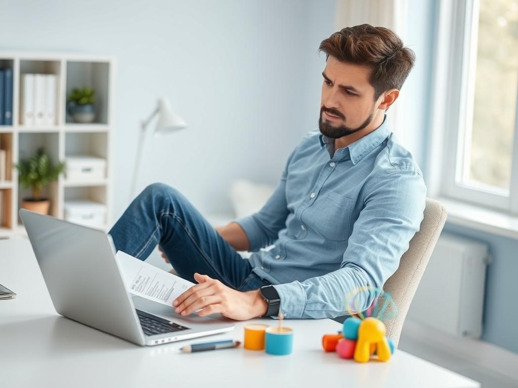 Create a realistic high-resolution image that captures the essence of balancing work and parenting for single dads. The composition should feature a single subject: a focused, relatable single father, in his early 30s, engaged in a moment of multitasking. 

He should be seated at a clean, modern home office desk, wearing casual yet professional attire, such as a button-up shirt and jeans. On one side of the desk, include a laptop open with work documents visible, while on the other side, there is a colorful