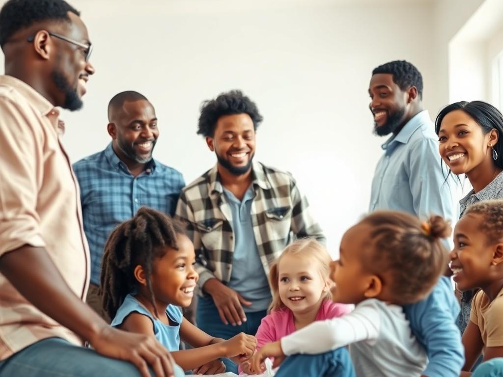 A realistic high-resolution photo of a supportive community gathering, showcasing a diverse group of single fathers and their children engaged in fun activities. The setting is bright and inviting, with soft blues and whites dominating the color scheme, creating an atmosphere of hope and unity. The fathers are smiling and interacting positively with their kids, emphasizing a strong bond and community connection.