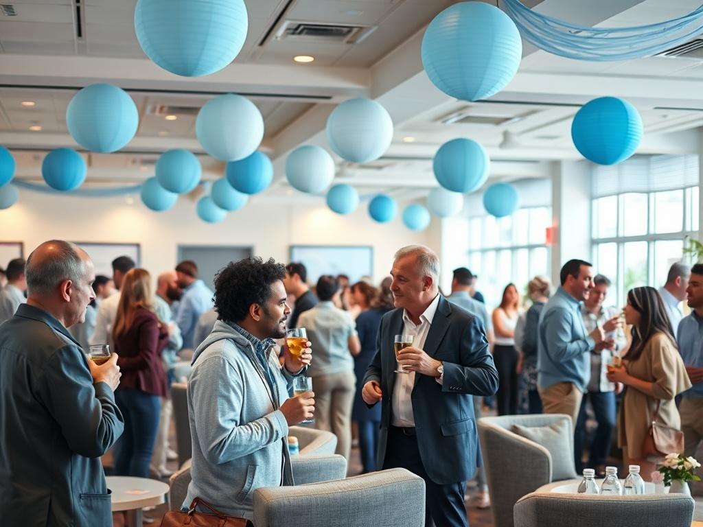 A vibrant networking event with single fathers mingling and sharing stories, holding drinks, and exchanging contact information. Bright and inviting layout featuring soft blue and white decorations. Comfortable seating arrangements that encourage conversation.