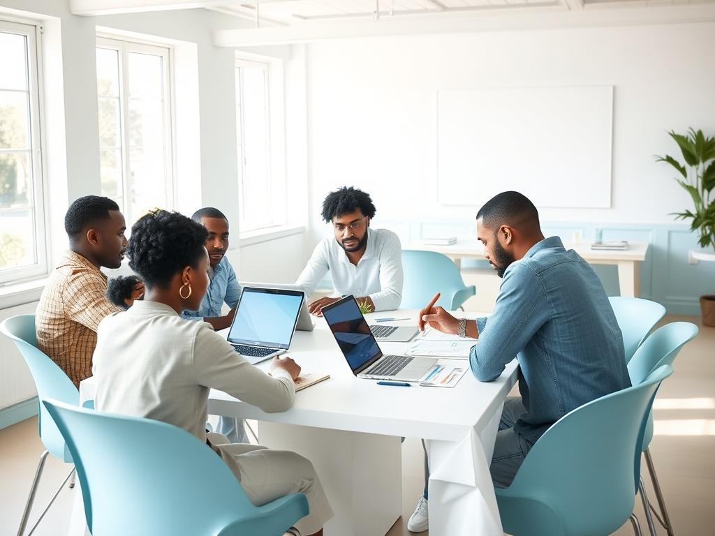 A group of single fathers engaged in a workshop, sitting at a table with laptops, discussing grant application strategies. Bright and inviting atmosphere, soft blue and white decor. Natural light coming through large windows, creating a sense of hope and community.