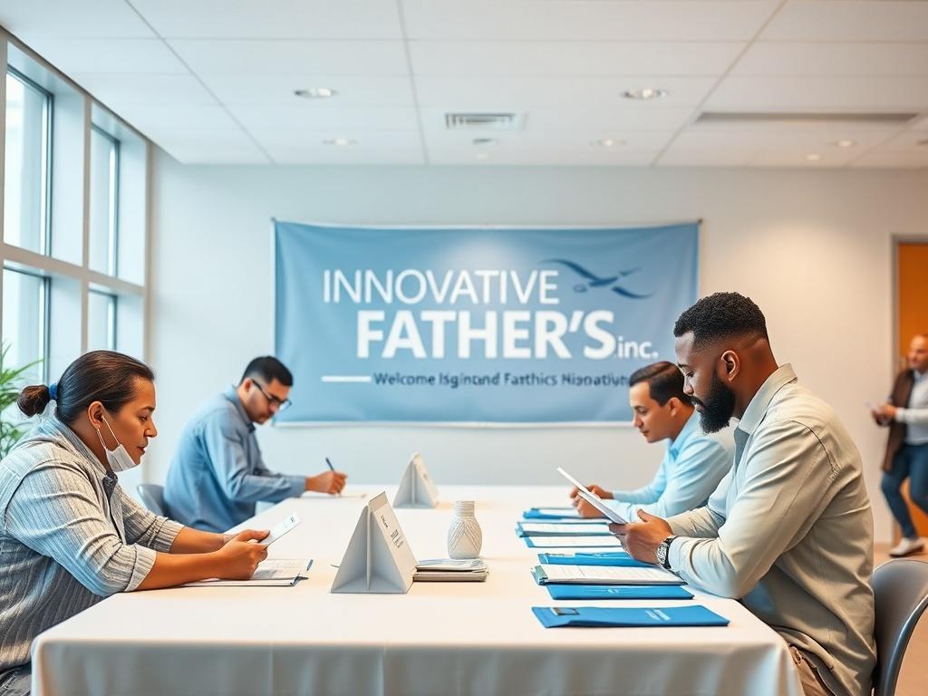 A welcoming membership sign-up table with single fathers filling out forms and engaging in conversation. Bright and inviting atmosphere with soft blue and white colors. A banner displaying the INNOVATIVE FATHER'S inc. logo in the background.