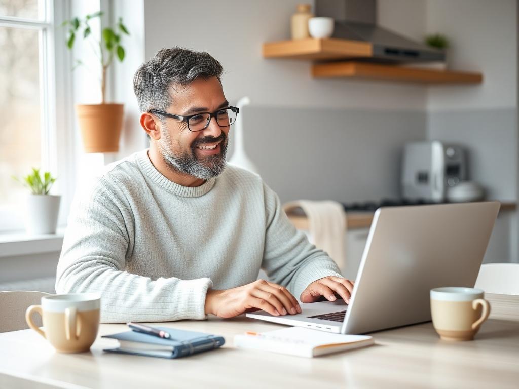 Create a realistic high-resolution photo of a single father sitting at a kitchen table, engaging in a focused conversation on his laptop. The father should be portrayed as a man in his mid-30s with a warm, approachable expression, dressed casually in a comfortable sweater. 

The composition should be simple and clear, with the father positioned centrally in the frame, in front of the laptop, which displays a webpage about grant opportunities. The background should include homey elements like a coffee mug, a