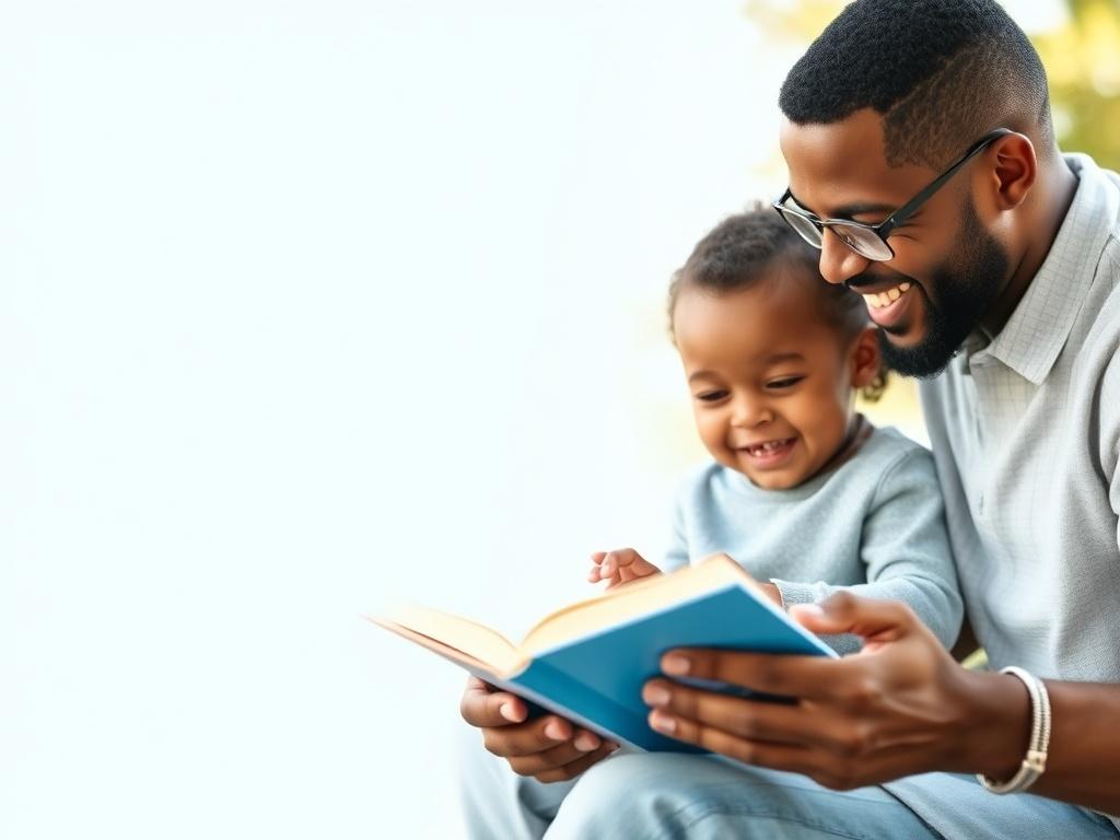 A bright and inviting scene depicting a single father engaging in a fun activity with his child, such as playing in a park or reading a book together. The background features soft blues and whites, evoking a sense of hope and community. The father is smiling, showcasing a strong bond with his child, and the setting is clean and uncluttered to reflect modernity.