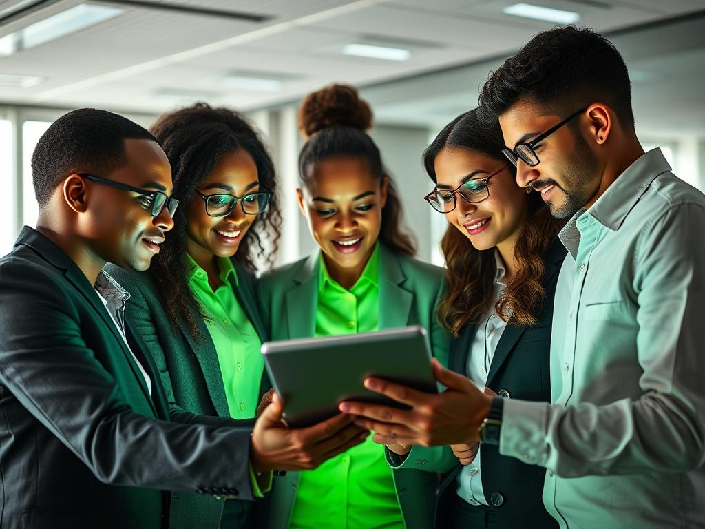 A close-up shot of a diverse group of professionals in a modern office setting, engaged in a collaborative discussion around a digital tablet. The scene captures the essence of teamwork and innovation, with high-resolution details showcasing their focused expressions and dynamic interaction. The office background is sleek and contemporary, with soft lighting that emphasizes the vibrant green accents (rgb(50, 170, 39)) in their attire and workspace.