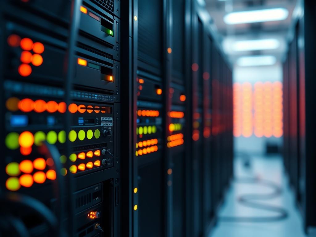 A hyper-realistic close-up shot of a digital infrastructure setup, featuring a modern server rack with glowing LED lights and connected cables. The background should be softly blurred to emphasize the server rack as the main subject. Use a 45mm f/1.2 lens style to create depth of field, with the primary color rgb(50, 170, 39) subtly integrated in the lighting.