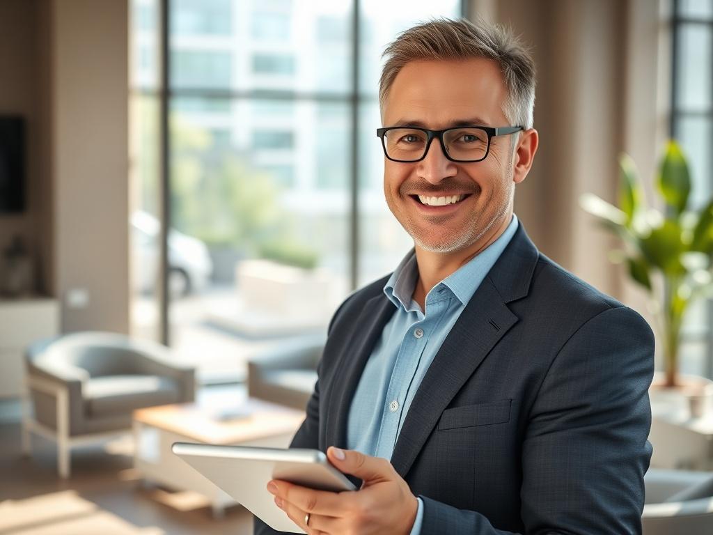 A close-up shot of a smiling business professional in a modern office environment. The subject is a middle-aged man dressed in smart casual attire, holding a tablet and looking confidently at the camera. The background features sleek office furniture and a large window with natural light pouring in, creating a warm and inviting atmosphere. The image is rendered in hyper-realistic style, emphasizing the subject's facial expression and the vibrant green color of the primary theme.