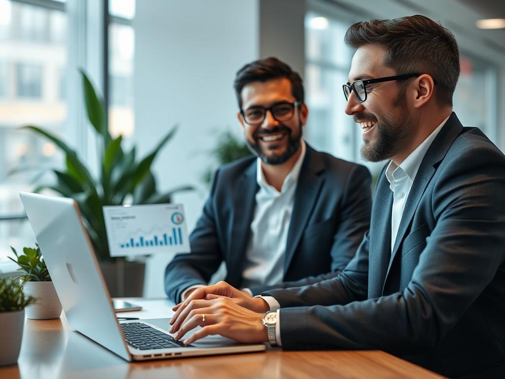 A close-up shot of a professional business setting with a confident Chief Marketing Officer (CMO) engaging in a video call. The CMO is smiling and discussing strategies, with a laptop open in front of them displaying analytics and digital transformation graphics. The background is a modern office with soft lighting, plants, and a hint of technology, all in harmony with the primary color rgb(50, 170, 39). The composition is clear and focused on the CMO.