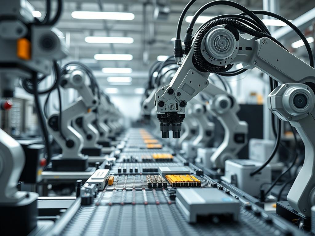 A close-up shot of a modern micro factory setting showcasing automation technology. The composition includes advanced robotic arms efficiently assembling products, with a clean and organized workspace in the background. The lighting is bright and focused on the automation equipment, highlighting the precision and innovation of micro factory processes. The image should convey a sense of efficiency, innovation, and high-tech manufacturing.