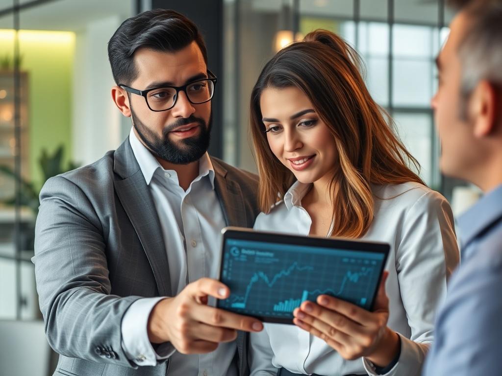 A hyper-realistic close-up shot of a professional consultant discussing blockchain technology with a client in a modern office. The consultant is pointing at a digital tablet displaying blockchain graphics, with a confident expression. The background features a sleek office setting with subtle green accents, and warm lighting that highlights the interaction.