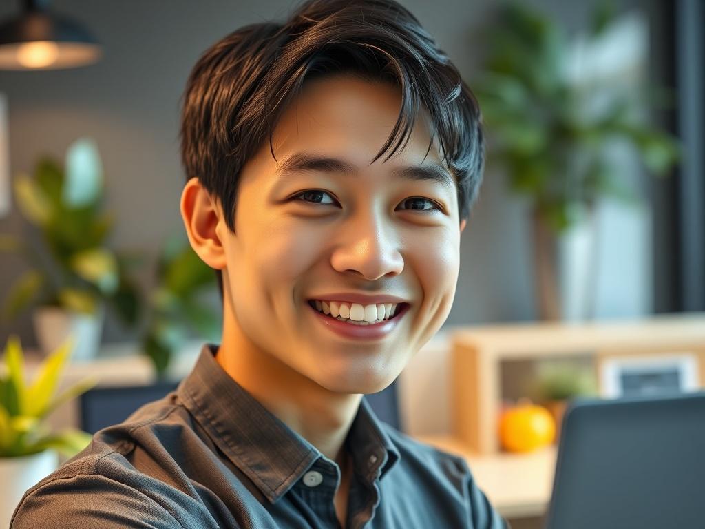 A close-up shot of a confident young Asian male professional, Daniel Lim Wei Jie, smiling warmly in a modern office environment. He has short black hair and is wearing a smart casual outfit. The background features a sleek office desk with a laptop and some greenery, creating a vibrant and inviting atmosphere. The primary color theme incorporates rgb(50, 170, 39) subtly in decor elements.