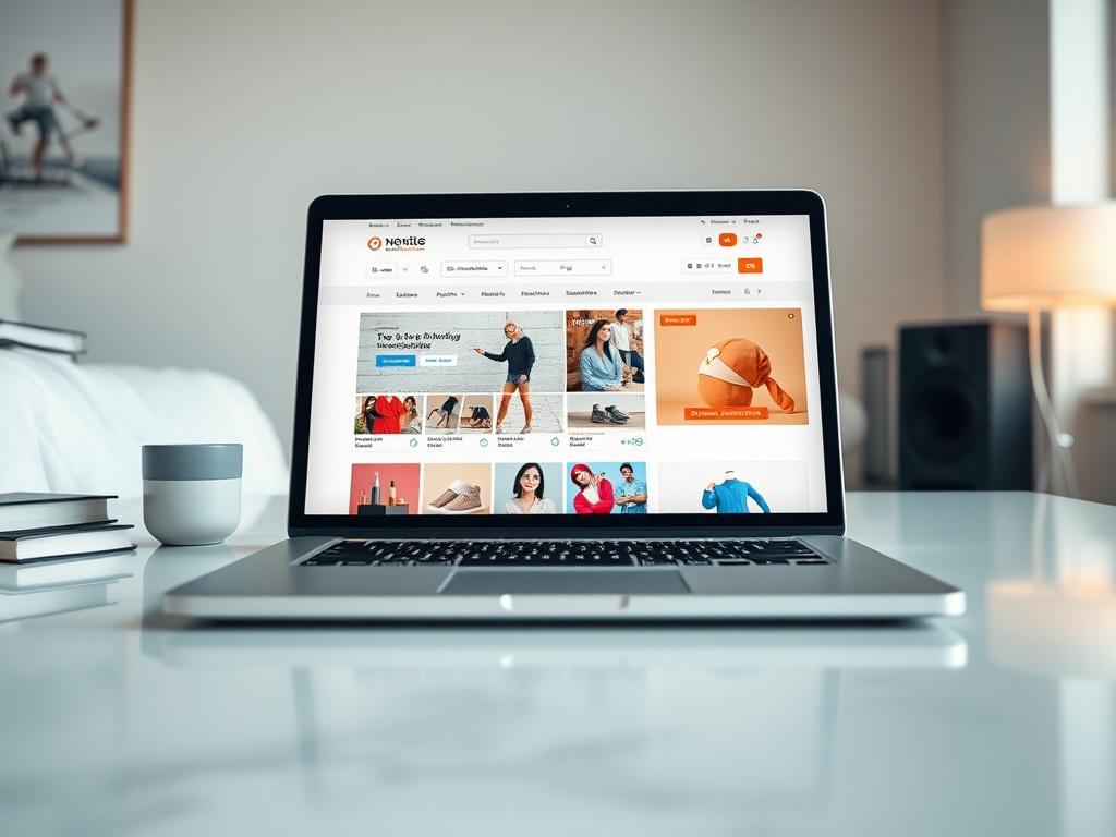 Create a close-up shot of a modern e-commerce website interface displayed on a laptop screen. The focus should be on the product listing area with vibrant images of products, a clear and user-friendly layout, and visible features like the shopping cart and checkout button. The background should be a minimalistic workspace with soft lighting to emphasize the laptop and the website interface. The image should reflect a professional and inviting atmosphere, capturing the essence of an optimized e-commerce expe