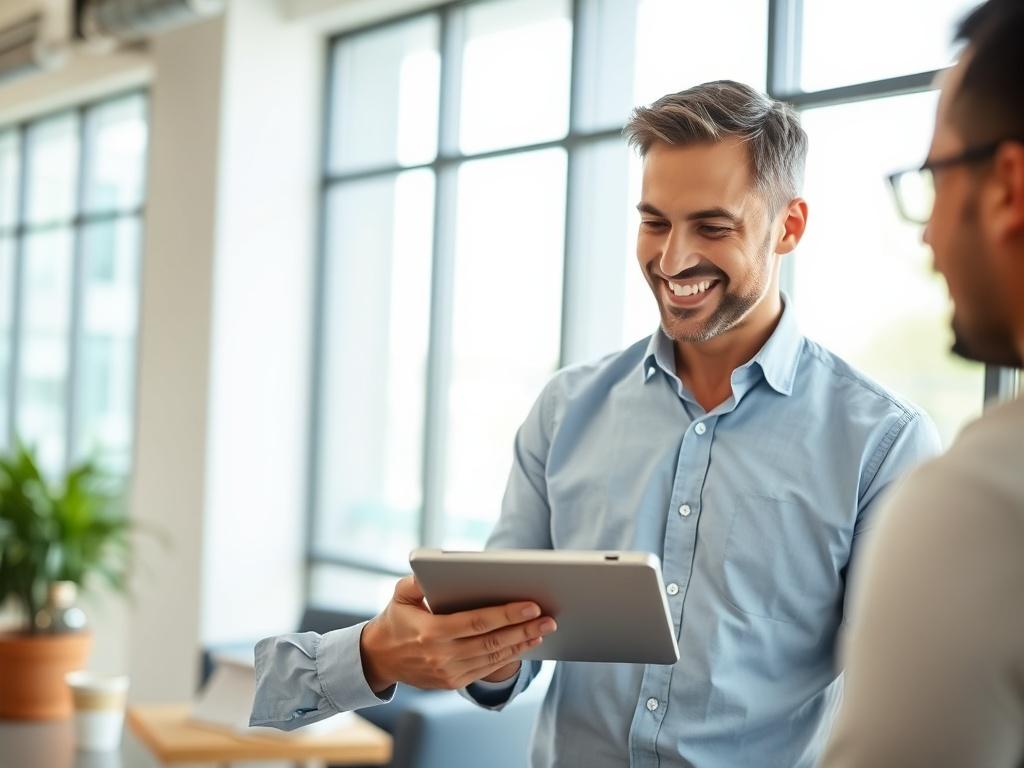 A professional consultant engaged in a discussion with a small business owner in a modern office environment. The focus is on the consultant, who is explaining business strategies using a tablet. The background should be a bright, inviting workspace with a large window allowing natural light to flood in. The consultant, dressed in business casual attire, is smiling and gesturing towards the tablet, showcasing graphs and data. The atmosphere should be warm and encouraging.