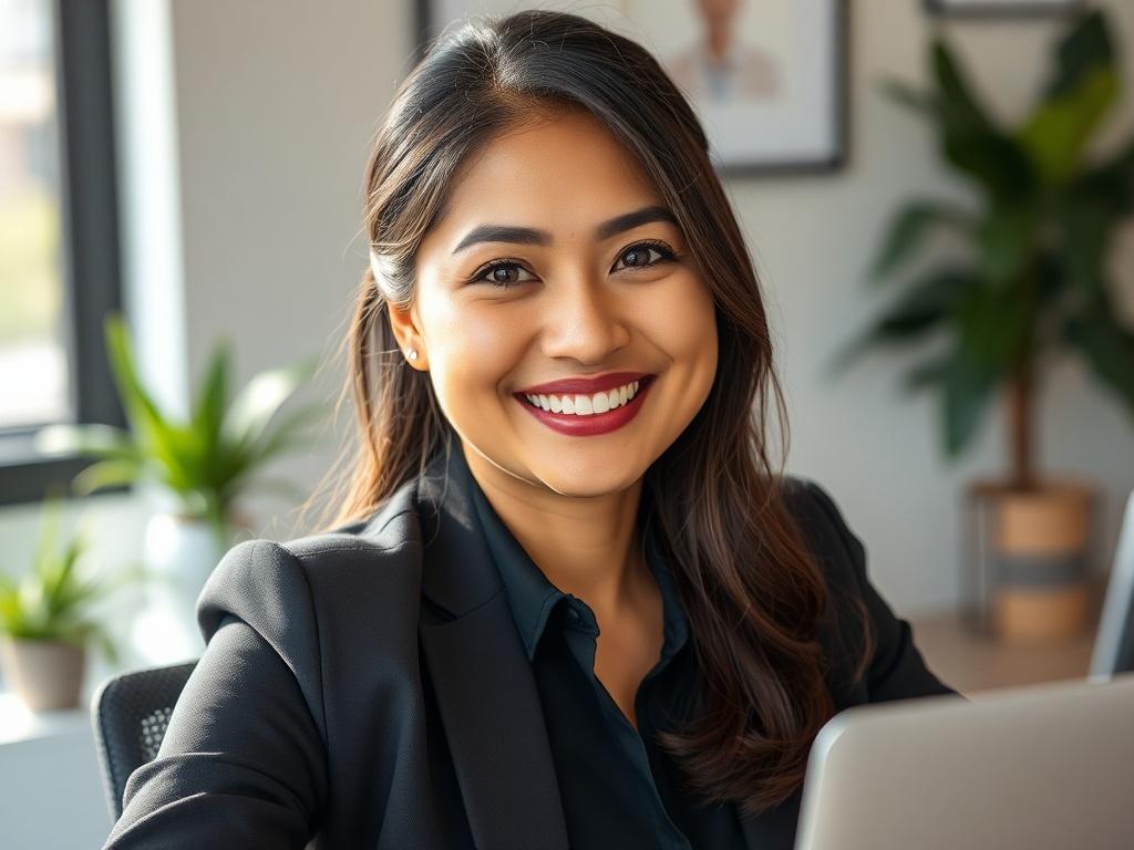 A close-up shot of Roshni Mahtani Cheung, a professional woman in her mid-30s, sitting at a modern office desk. She has a warm smile and is looking directly at the camera, exuding confidence and professionalism. The background features soft-focus elements of a well-decorated office space, including plants and a laptop. The lighting is bright and inviting, creating a positive atmosphere.