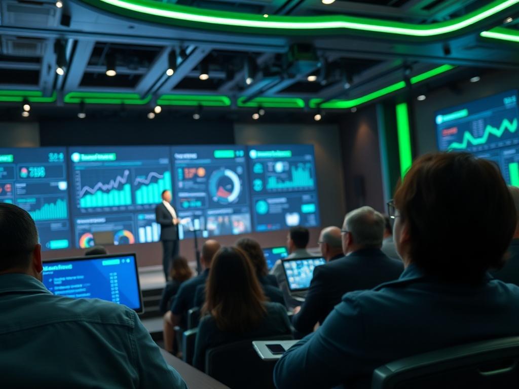 A close-up shot of a futuristic conference setting, featuring a single speaker on stage presenting to an engaged audience. The background showcases modern technology elements, such as digital screens displaying graphs and data visualizations. The atmosphere conveys excitement and innovation, with vibrant lighting in shades of green, reflecting the primary color rgb(50, 170, 39). The image should be hyper-realistic, captured with a 45mm f/1.2 lens style.