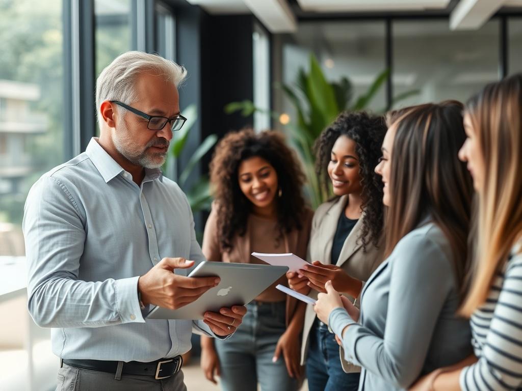 A close-up shot of a professional consultant interacting with a diverse group of entrepreneurs in a modern office setting. The consultant is explaining a digital transformation strategy using a tablet, while the entrepreneurs are engaged and taking notes. The background features a sleek, contemporary office with large windows and greenery, reflecting a vibrant and innovative atmosphere. The color scheme incorporates the primary color rgb(50, 170, 39) in the decor.