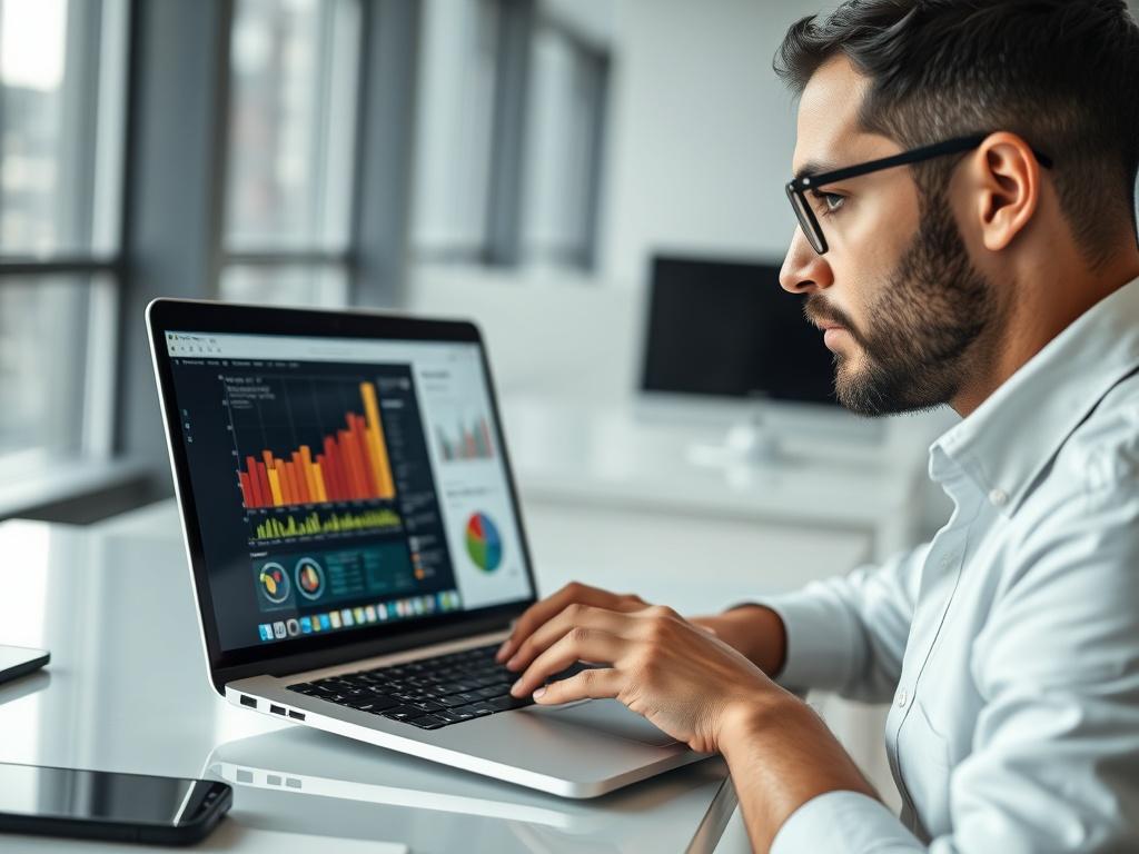 A high-resolution close-up shot of a business consultant analyzing data on a laptop screen. The screen displays colorful data visualizations like graphs and charts, reflecting insights gained from data analysis. The background is a modern office environment with a clean and professional aesthetic. Soft natural light enhances the focus on the laptop and the consultant's engaged expression, conveying a sense of expertise and innovation.