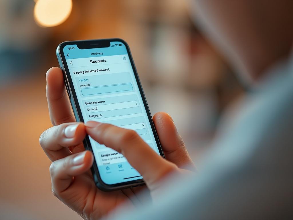 Create a hyper-realistic close-up shot of a person holding a smartphone, focused on the screen displaying a digital report form. The background is softly blurred to emphasize the individual and the device. The person should appear engaged and thoughtful, reflecting the act of reporting. The lighting should be warm and inviting, creating a sense of trust and openness. This image must align with the primary color rgb(50, 170, 39) for consistency with the brand.