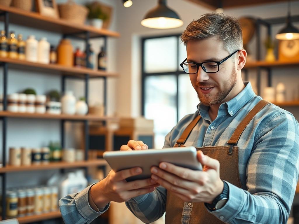 An engaging image of a small business owner interacting with a digital interface on a tablet, showcasing digital solutions for SMEs. The background features a cozy, modern shop setting with products displayed on shelves. The owner appears focused and enthusiastic, highlighting the connection between technology and business growth. The lighting is warm and inviting, emphasizing a sense of approachability and innovation in a small business environment.