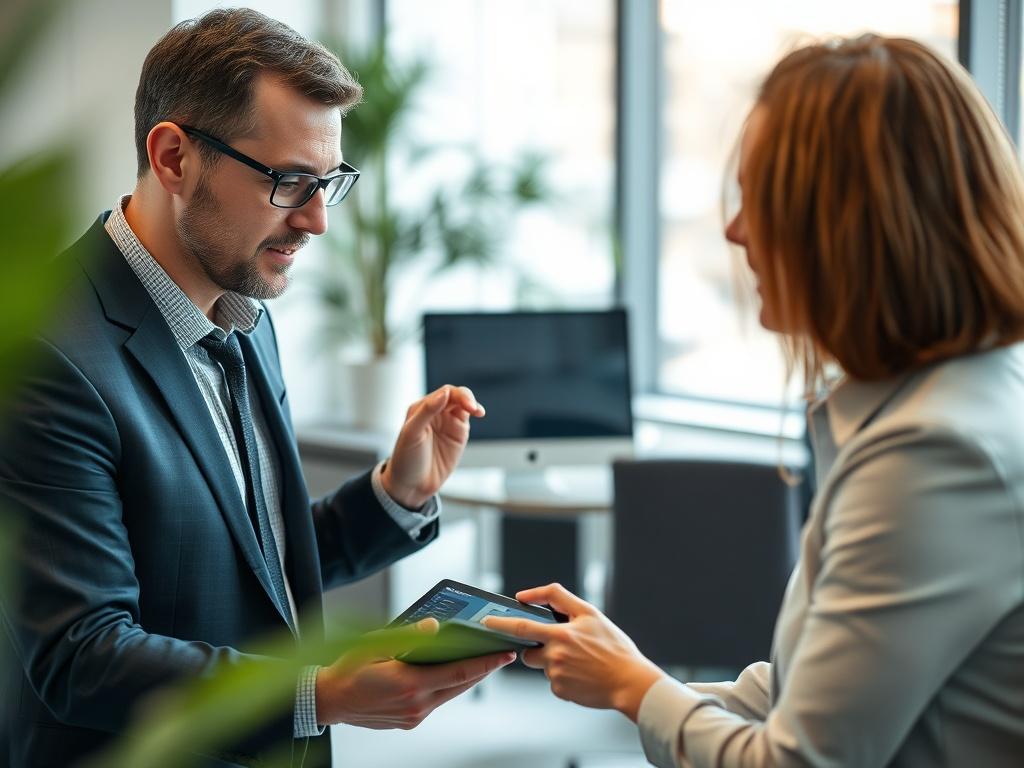 A close-up shot of a professional consultant engaging in a dynamic conversation with a client. The consultant is showcasing digital transformation concepts on a tablet, with graphics displaying data analytics and technology solutions. The background is softly blurred to highlight the interaction, featuring a modern office setting with greenery in the corners. The overall color scheme aligns with rgb(50, 170, 39) to create a vibrant and inviting atmosphere.
