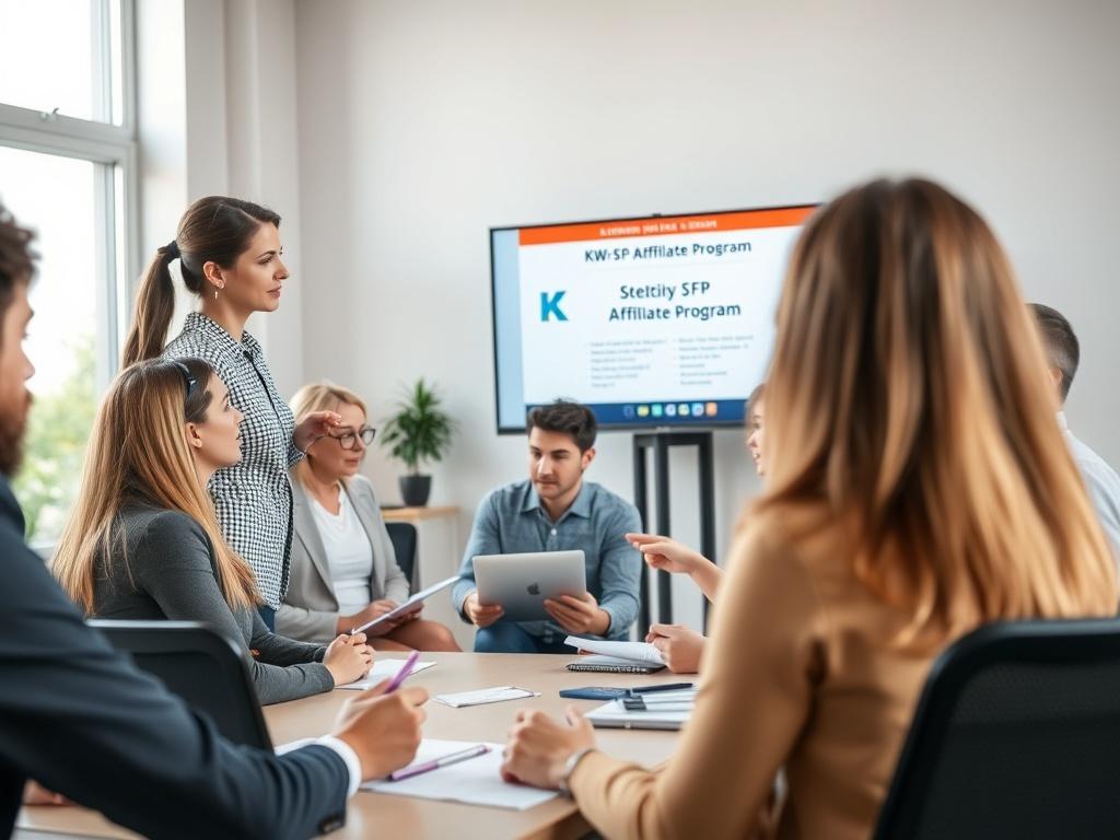A professional setting where a diverse group of individuals are discussing opportunities. In the foreground, a woman with a laptop is presenting on a screen about the KNW SFP affiliate program. The background includes engaged participants, some taking notes, others looking at the screen, all in an office environment with natural light. The composition is clear and focused on the presentation.