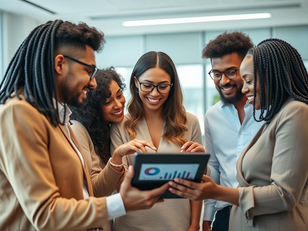 A close-up shot of a group of diverse professionals collaborating around a digital tablet, analyzing charts and data. The setting is a modern office with bright lighting and minimalistic design, showcasing a blend of technology and teamwork. The focus should be on the interactions and expressions of the team, reflecting engagement and synergy. The color scheme should incorporate the rgb(50, 170, 39) primary color subtly in elements like the tablet screen and office decor.