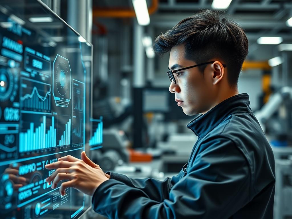 Create a highly realistic high-resolution photo that depicts the essence of digital transformation in a micro factory setting. The composition should focus on a single subject: a skilled technician working at a state-of-the-art workstation equipped with advanced digital tools and equipment. 

The technician, a young Asian male wearing a sleek work uniform, should be engaging with a transparent touchscreen interface displaying dynamic data analytics and machinery controls. This interface should reflect the c