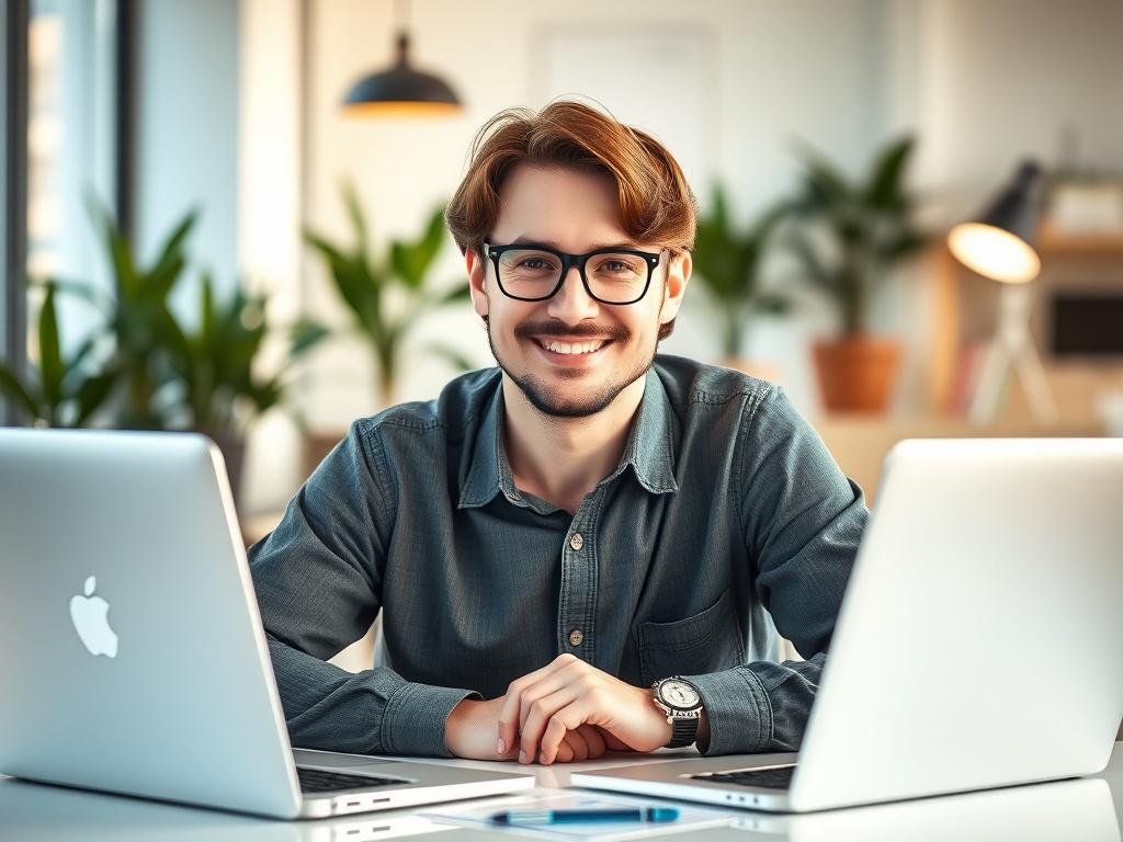 A close-up shot of a smiling man in his 30s with medium-length brown hair and glasses, sitting at a modern desk with a laptop open in front of him. He is wearing a smart casual shirt, looking confidently at the camera. The background is softly blurred, featuring a bright and airy office space with plants and minimalistic decor. The lighting is warm, creating an inviting atmosphere.