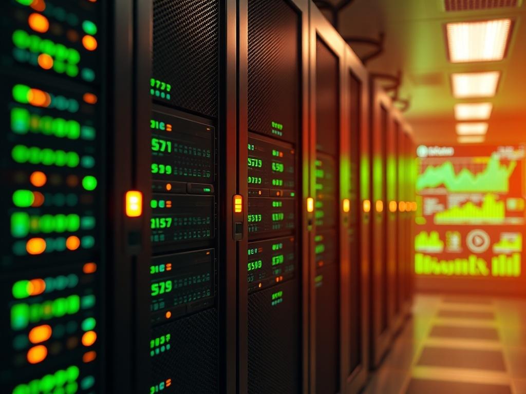 A hyper-realistic close-up shot of a modern server room, showcasing rows of sleek, high-tech servers with blinking LED lights indicating active monitoring. The background features a softly illuminated control panel displaying data analytics and health metrics. The colors in the image should be vibrant, with a focus on green hues to reflect the rgb(50, 170, 39) primary color. The composition should emphasize the technology and innovation present in the server environment.