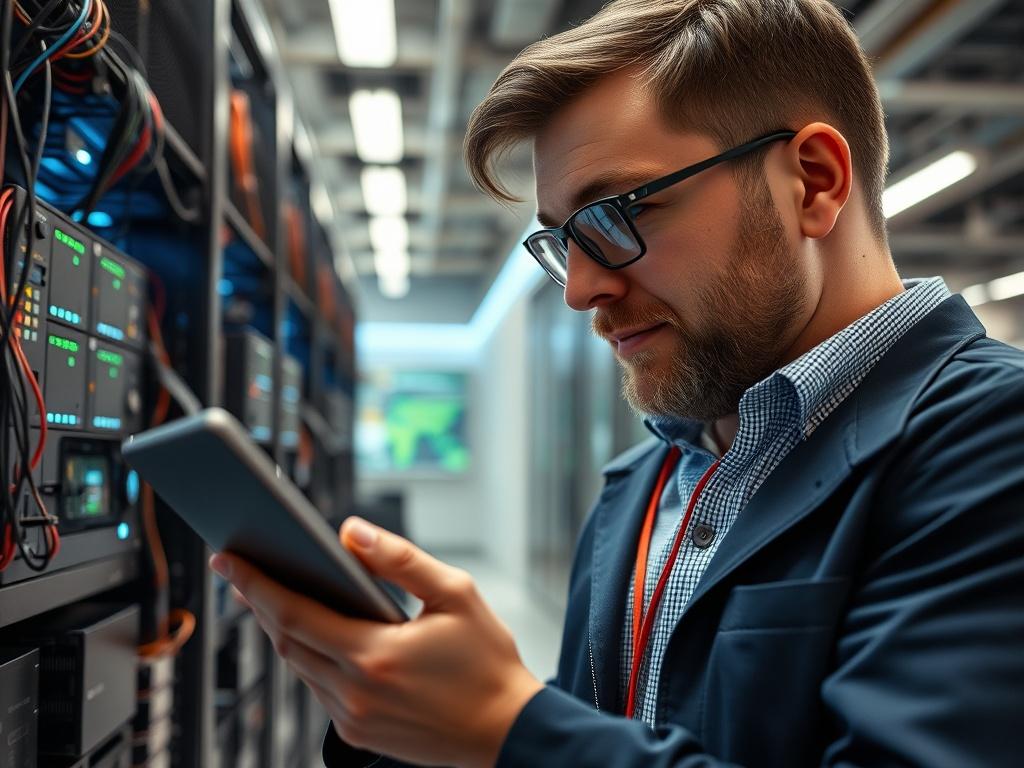 An IT expert examining technology infrastructure with a tablet in hand, showcasing a modern office setting. The focus is on the expert's analytical expression, with various technology gadgets in the background.