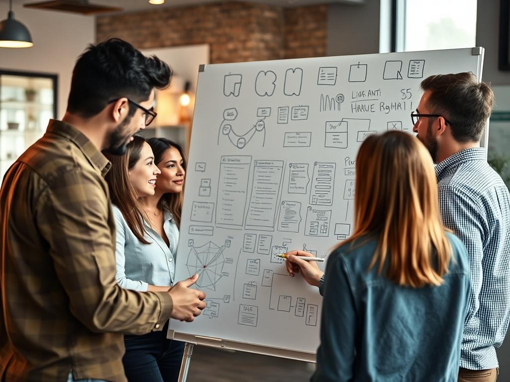 A team of professionals brainstorming around a whiteboard filled with diagrams and notes, showcasing an engaged and dynamic planning session. The background reflects a creative and innovative workspace.