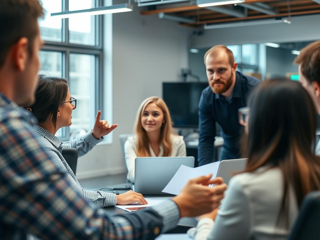A close-up image of a trainer guiding a small group of employees in a tech workshop, emphasizing engagement and learning. The background features modern training equipment, creating a vibrant learning atmosphere.