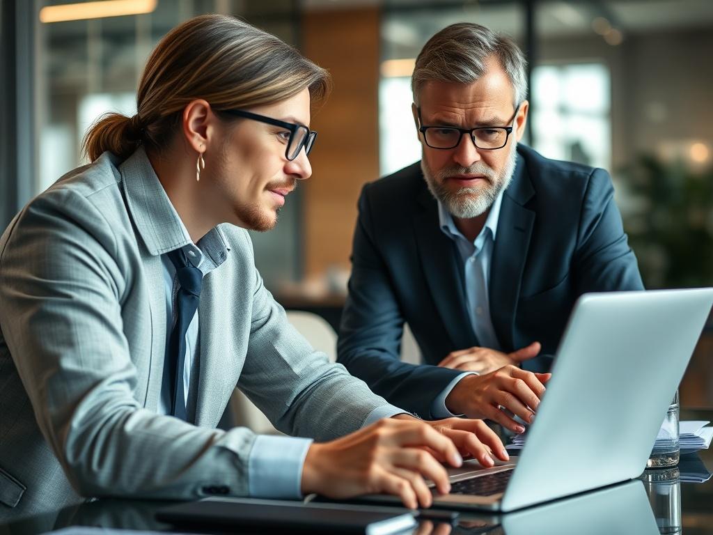 A close-up shot of a business consultant and a client engaged in a discussion over a laptop, focusing on their interaction and expressions. The background is a professional office setting, with soft lighting emphasizing the collaborative atmosphere.