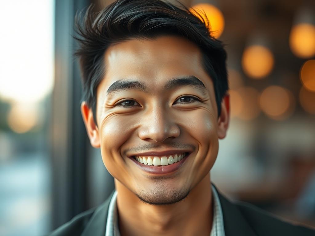 A high-resolution close-up shot of a satisfied client, Chris Ariffin, showcasing a confident smile. The background should be softly blurred to highlight Chris, who is wearing smart-casual attire. The lighting is warm and inviting, reflecting a positive atmosphere. The color scheme should harmonize with the primary color rgb(50, 170, 39), adding a fresh and vibrant touch to the image.