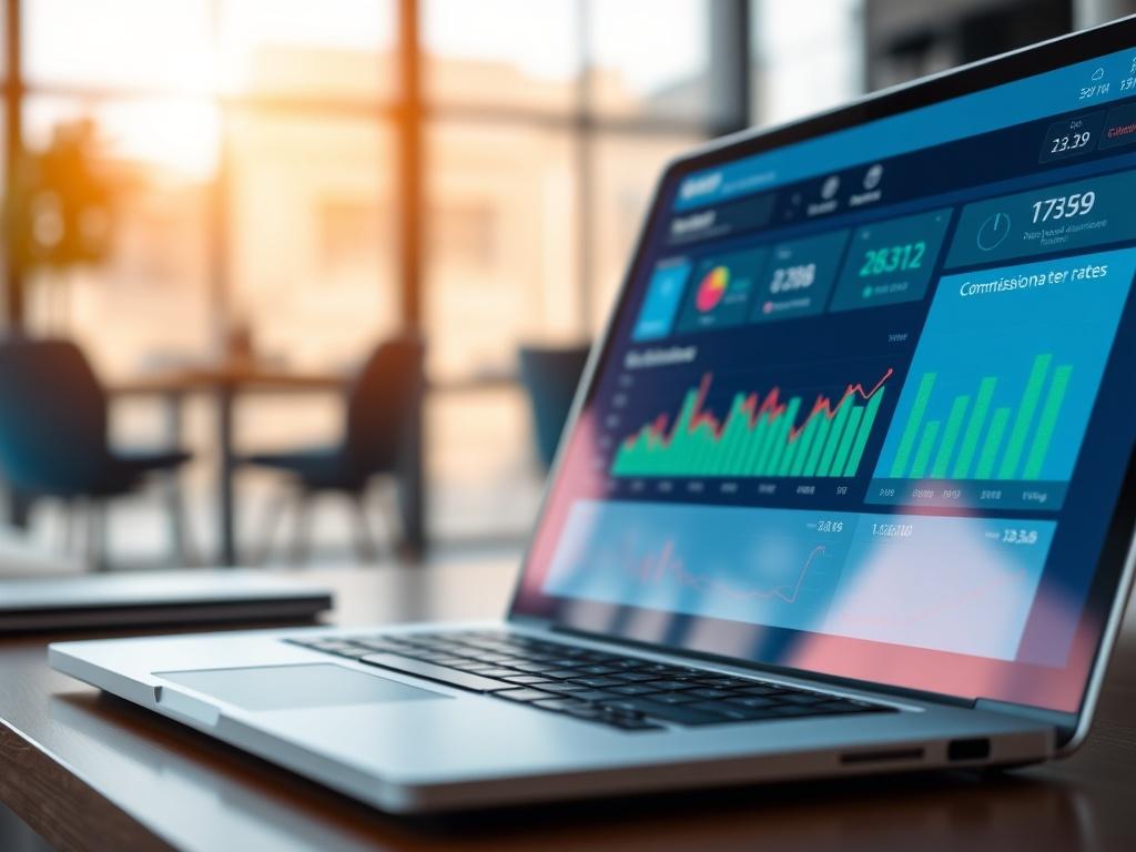 A close-up shot of a laptop displaying a vibrant dashboard with financial graphs and commission rates, set against a modern office background. The focus is on the laptop screen with clear data visualization, capturing the essence of digital transformation and remote work. Use a hyper-realistic style with soft lighting, and ensure the primary color theme incorporates rgb(50, 170, 39).