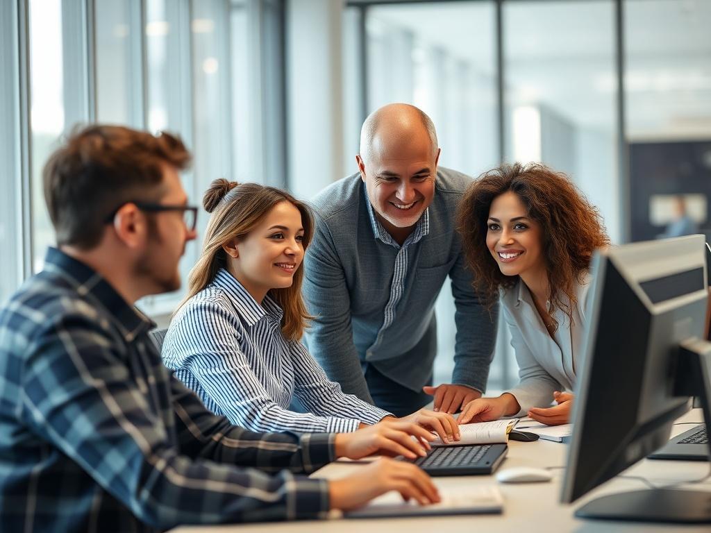 A training session in an office environment, with an instructor guiding a group of employees as they interact with new software on their computers. The focus is on their engaged expressions and teamwork. The setting is bright and modern, captured in high-resolution with a 45mm f/1.2 lens.