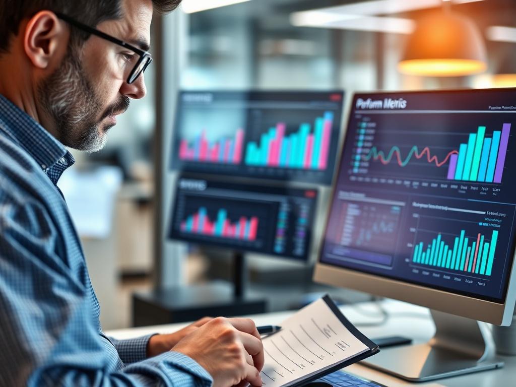 A business analyst reviewing performance metrics on a digital dashboard, with charts and graphs displayed prominently. The analyst is focused and taking notes, indicating a thorough evaluation process. The background features a modern office with technology elements. Captured in hyper-realistic detail with a 45mm f/1.2 lens.