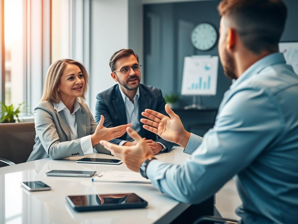 A professional consultant in a modern office setting, engaged in conversation with a client. The focus is on their hand gestures and expressions, showcasing a collaborative discussion. The background features a sleek table with digital devices and a whiteboard with diagrams. Shot in high-resolution, hyper-realistic style with a 45mm f/1.2 lens.