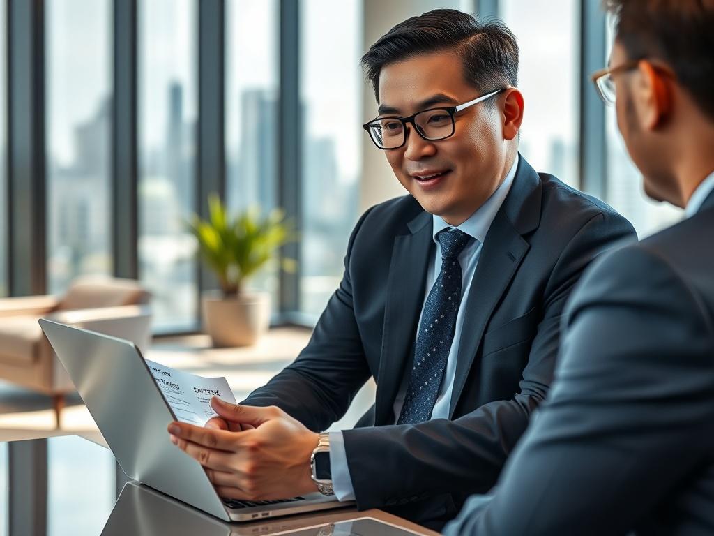 A professional consultant in a modern office setting, engaged in a discussion with a client. The consultant is an Asian male in business attire, confidently presenting a digital strategy on a laptop. The background features a sleek office environment with contemporary furniture and large windows showing a city skyline. The lighting is bright and inviting, emphasizing a collaborative atmosphere.