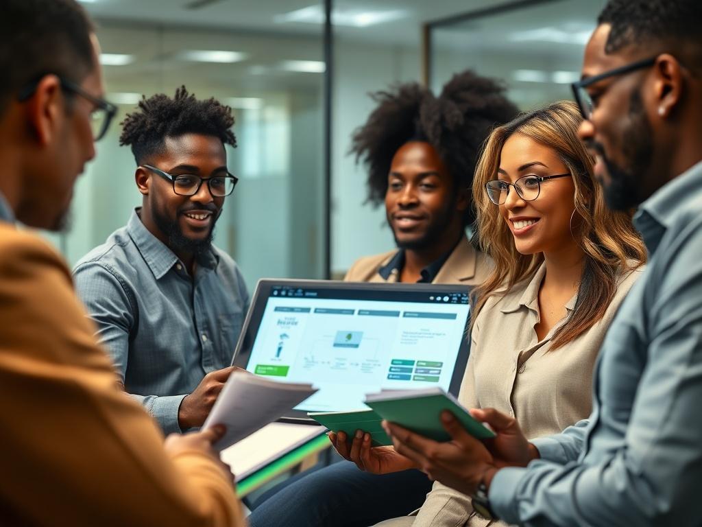 A close-up shot of a diverse group of professionals engaged in an interactive training session. The setting is a modern conference room with bright lighting. One person is presenting a digital screen displaying a flowchart, while others are taking notes and discussing. The focus is on their expressions of engagement and collaboration, creating a sense of empowerment and learning. The color scheme includes elements of green to align with the brand's primary color.