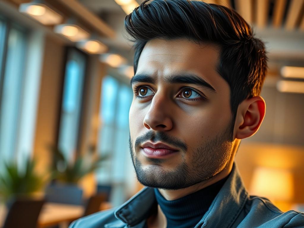 A close-up portrait of a young, confident healthcare innovator, Arif Rauf, in a modern office setting. He has a thoughtful expression, showcasing his passion for technology in healthcare. The background features sleek, contemporary office design elements, emphasizing innovation and professionalism. The lighting is bright and inviting, creating a warm atmosphere. The image should reflect the fusion of healthcare and technology, capturing Arif in a moment of inspiration.