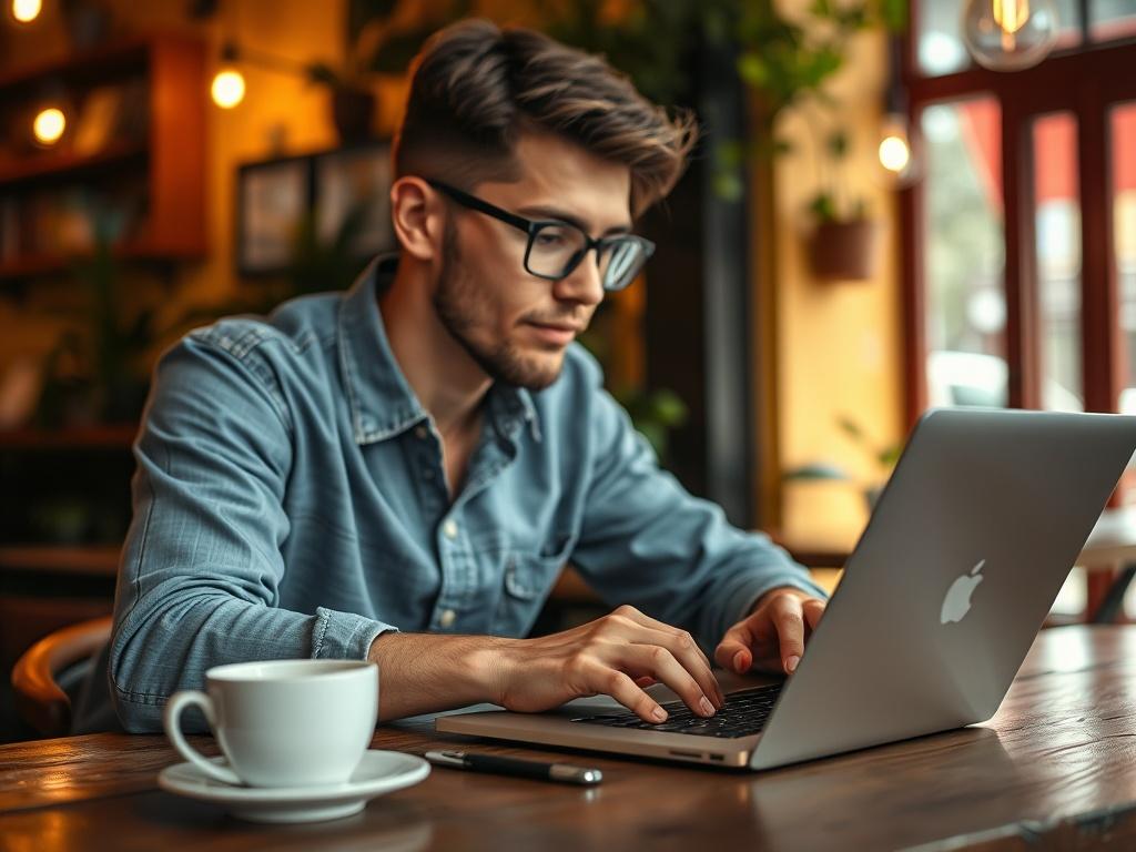 A close-up shot of a digital nomad working on a laptop in a cozy café setting. The background features a warm ambiance, with soft lighting and a few plants. The digital nomad appears focused and content, with a coffee cup beside them. The image captures the essence of productivity and flexibility in a local work environment, emphasizing the idea of working remotely while enjoying the local community.