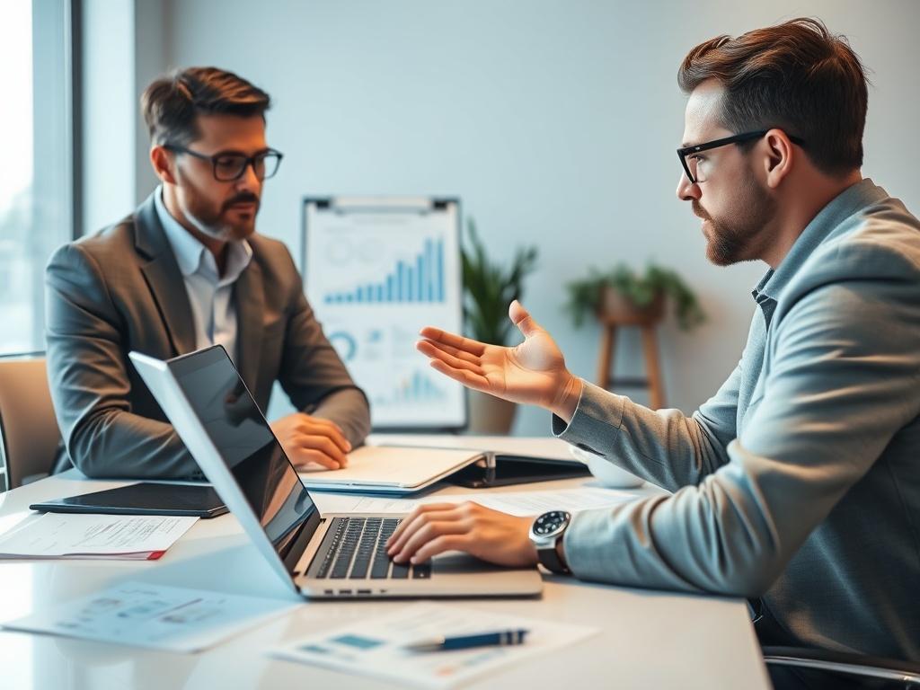 A close-up shot of a business consultant discussing funding options with a startup founder. The scene captures a modern office environment with a clean desk, financial documents, and a laptop open showing graphs and charts. The consultant is attentively listening, while the founder gestures towards the laptop screen, indicating enthusiasm about potential funding. The lighting is bright and inviting, emphasizing a collaborative atmosphere.
