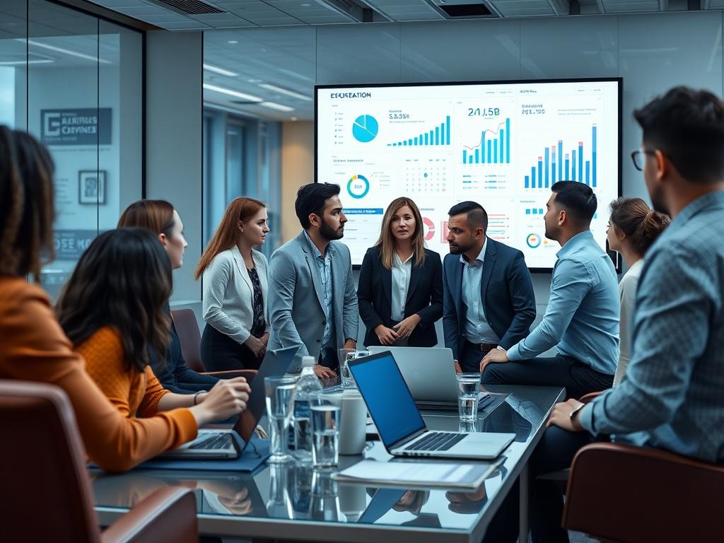 A close-up shot of a modern office space showcasing a diverse group of professionals engaged in a digital transformation meeting. The scene includes a large screen displaying data analytics and digital strategies, with people collaborating and discussing ideas. The background features sleek, contemporary furniture and technology, emphasizing a forward-thinking work environment. The image is rendered in hyper-realistic detail, focusing on the energy and collaboration of the team.