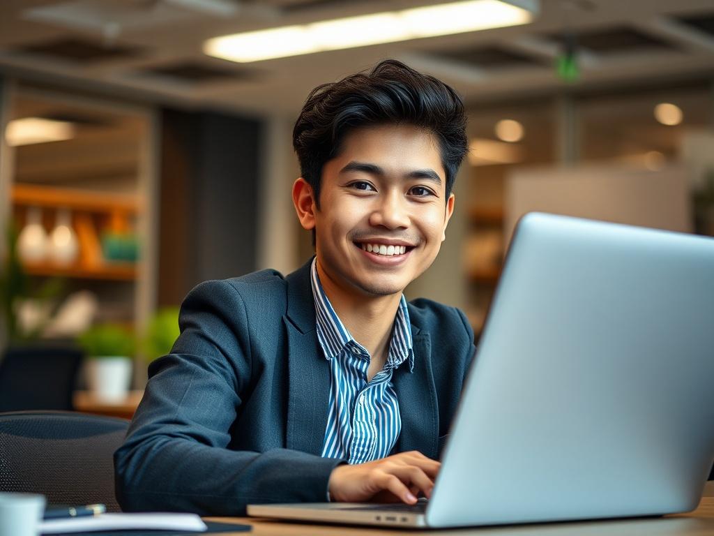 A close-up portrait of a confident young professional, sitting at a modern desk with a laptop open. The focus is on their enthusiastic expression, symbolizing career transformation and success in technology. The background features soft office lighting and hints of greenery, reflecting a vibrant and positive work environment, with a color palette that includes rgb(50, 170, 39).