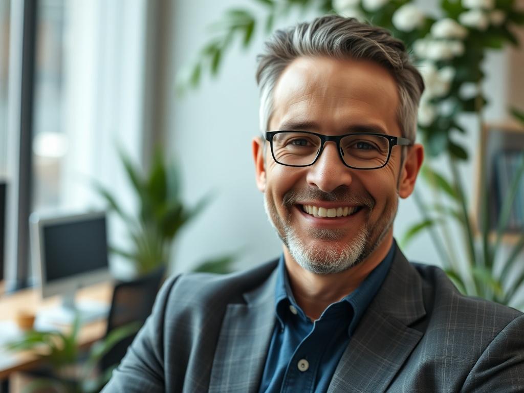 A close-up portrait of a confident and experienced male founder, exuding leadership qualities. He is in a modern office setting, surrounded by greenery, symbolizing growth and innovation. The subject is smiling, dressed in professional attire, with a warm expression. The background features a sleek desk and plants, emphasizing a productive atmosphere. The color scheme incorporates the primary color rgb(50, 170, 39) to create a vibrant and inviting feel.