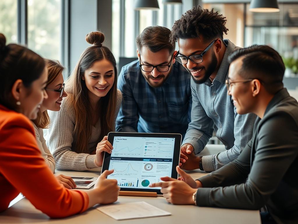 A close-up shot of a diverse group of entrepreneurs in a modern office setting, deeply engaged in a brainstorming session. The image should highlight their collaboration around a digital tablet displaying a startup business plan, with a bright and inspiring workspace in the background, reflecting innovation and teamwork. The colors should align with rgb(50, 170, 39) for a fresh and vibrant feel.
