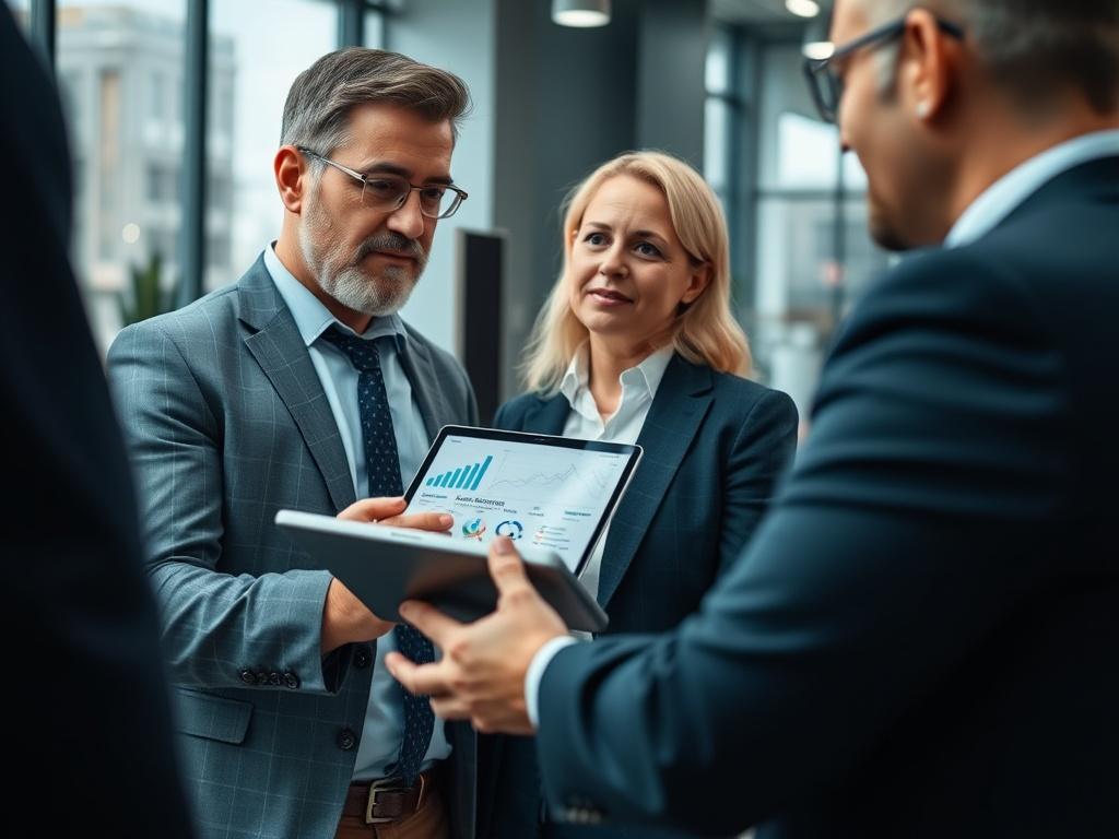 A close-up shot of a business consultant discussing shared economy strategies with a client, set in a modern office environment. The consultant is holding a tablet displaying data insights, while the client looks engaged and thoughtful. The background is slightly blurred, emphasizing the interaction, with elements of technology and innovation subtly present in the office decor. The overall tone is professional and inspiring.