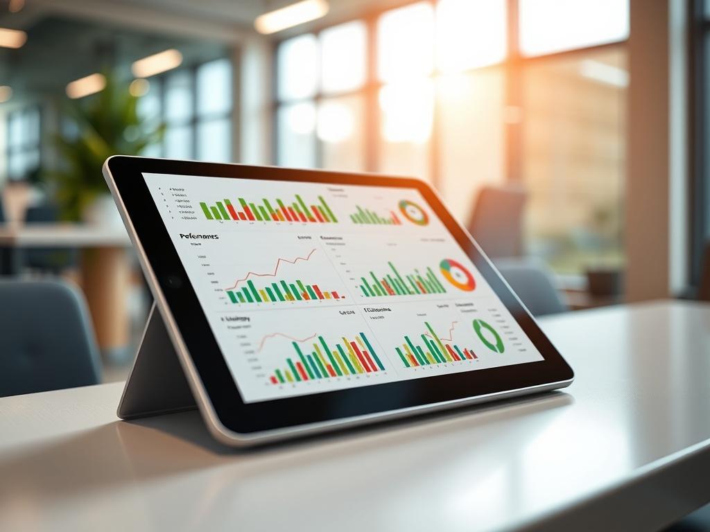 A close-up shot of a detailed performance measurement report displayed on a modern tablet. The tablet is positioned on a sleek desk with a blurred background of a contemporary office space. The report showcases colorful graphs and metrics, reflecting key performance indicators (KPIs). The lighting is bright and inviting, emphasizing the clarity and professionalism of the report. The color scheme incorporates shades of green to align with the primary color rgb(50, 170, 39).