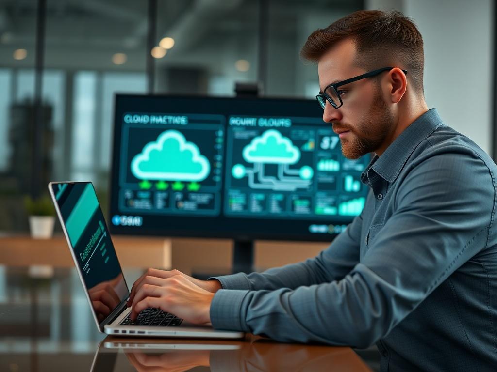 A close-up shot of a professional consultant working on a laptop in a modern office environment, analyzing data and cloud architectures. The background features a sleek computer screen displaying cloud infrastructure diagrams. The setting is well-lit with a focus on the consultant's focused expression, showcasing expertise and dedication. The color scheme complements the primary color rgb(50, 170, 39) with greens and neutrals.